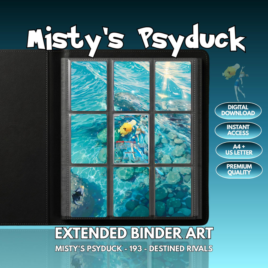 Extended binder art cover featuring Misty’s Psyduck Card in a 3×3 binder layout, with framed artwork accents and digital download labels.