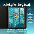 Extended binder art cover featuring Misty’s Psyduck Card in a 3×3 binder layout, with framed artwork accents and digital download labels.