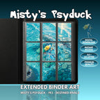 Extended binder art cover featuring Misty’s Psyduck Card in a 3×3 binder layout, with framed artwork accents and digital download labels.