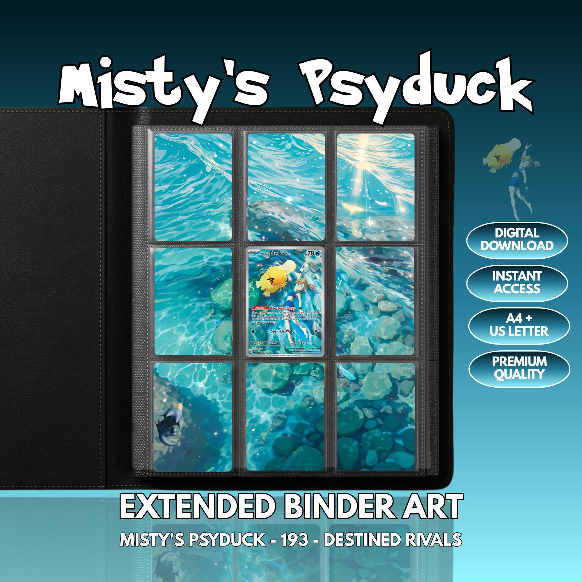 Extended binder art cover featuring Misty’s Psyduck Card in a 3×3 binder layout, with framed artwork accents and digital download labels.