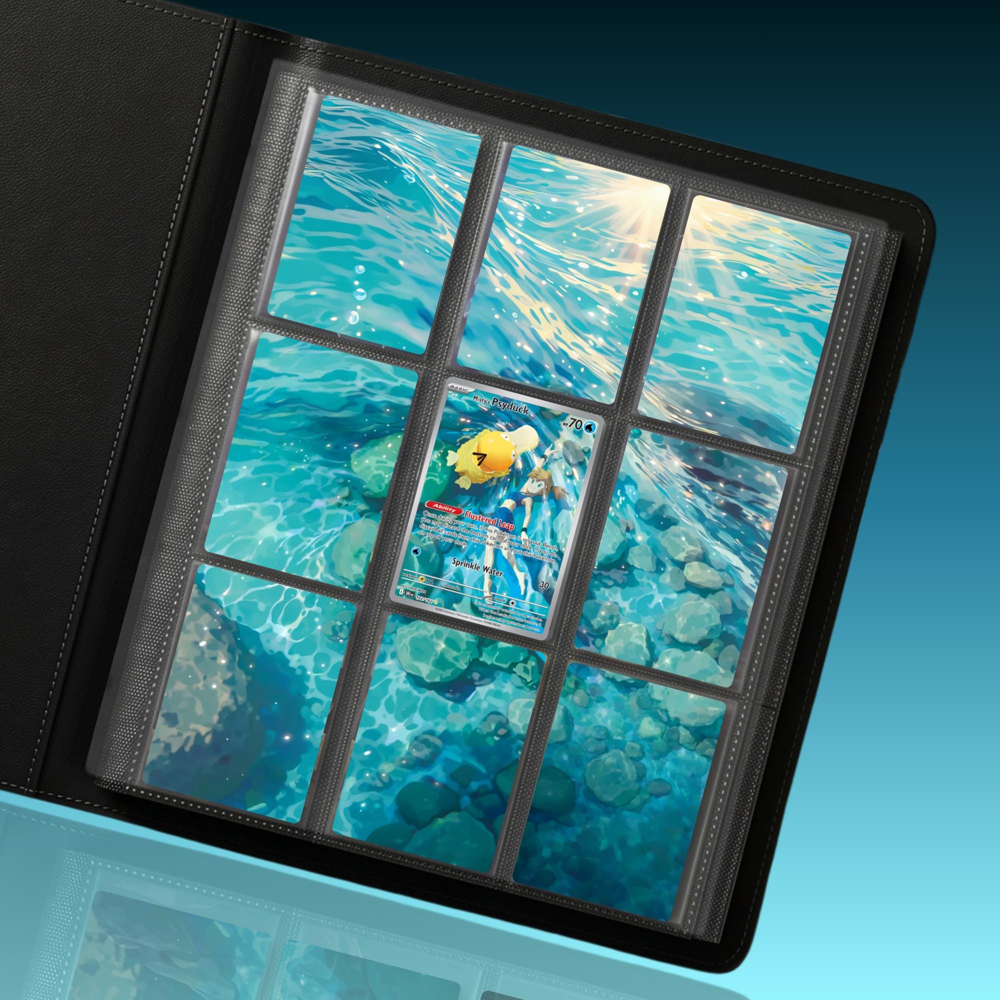 Misty’s Psyduck extended binder artwork displayed in a 9 pocket Pokémon binder.