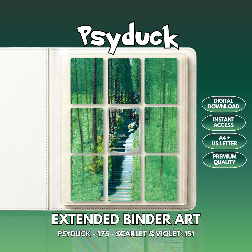Extended binder art cover featuring Psyduck Card in a 3×3 binder layout, with framed artwork accents and digital download labels.