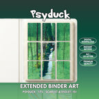 Extended binder art cover featuring Psyduck Card in a 3×3 binder layout, with framed artwork accents and digital download labels.