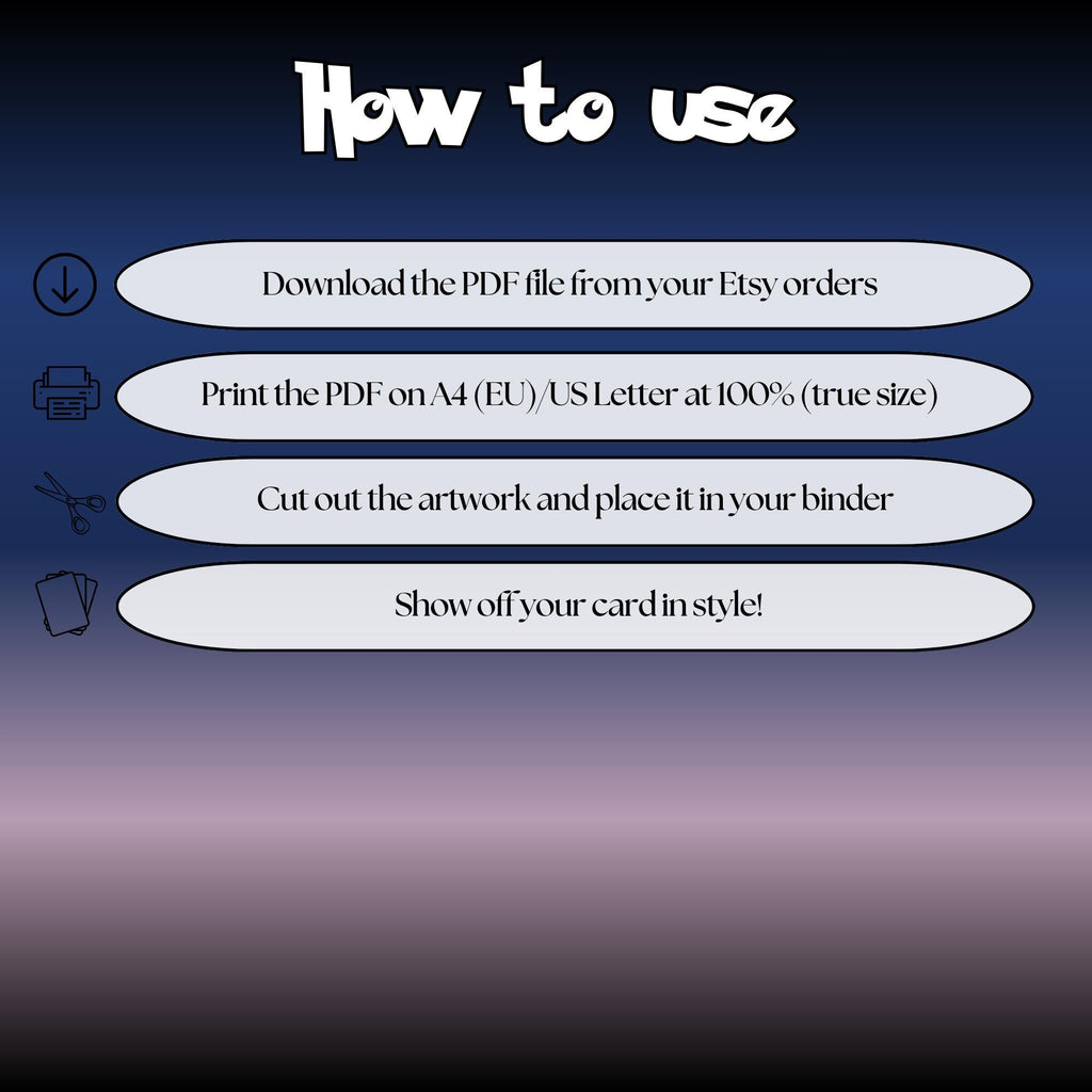 How to use instructions for printable Xerneas extended binder art, showing steps for downloading, printing, cutting and inserting the artwork to your binder.