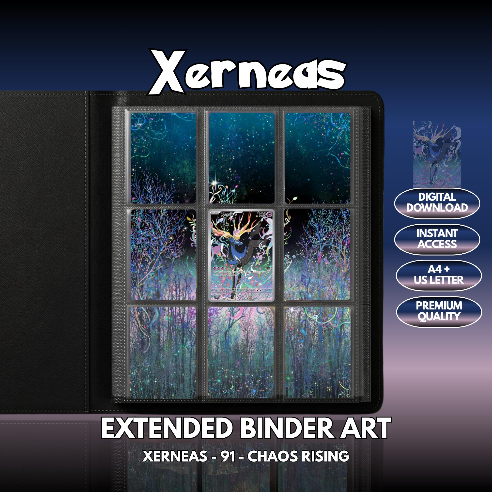 Extended binder art cover featuring Xerneas Card in a 3×3 binder layout, with framed artwork accents and digital download labels.