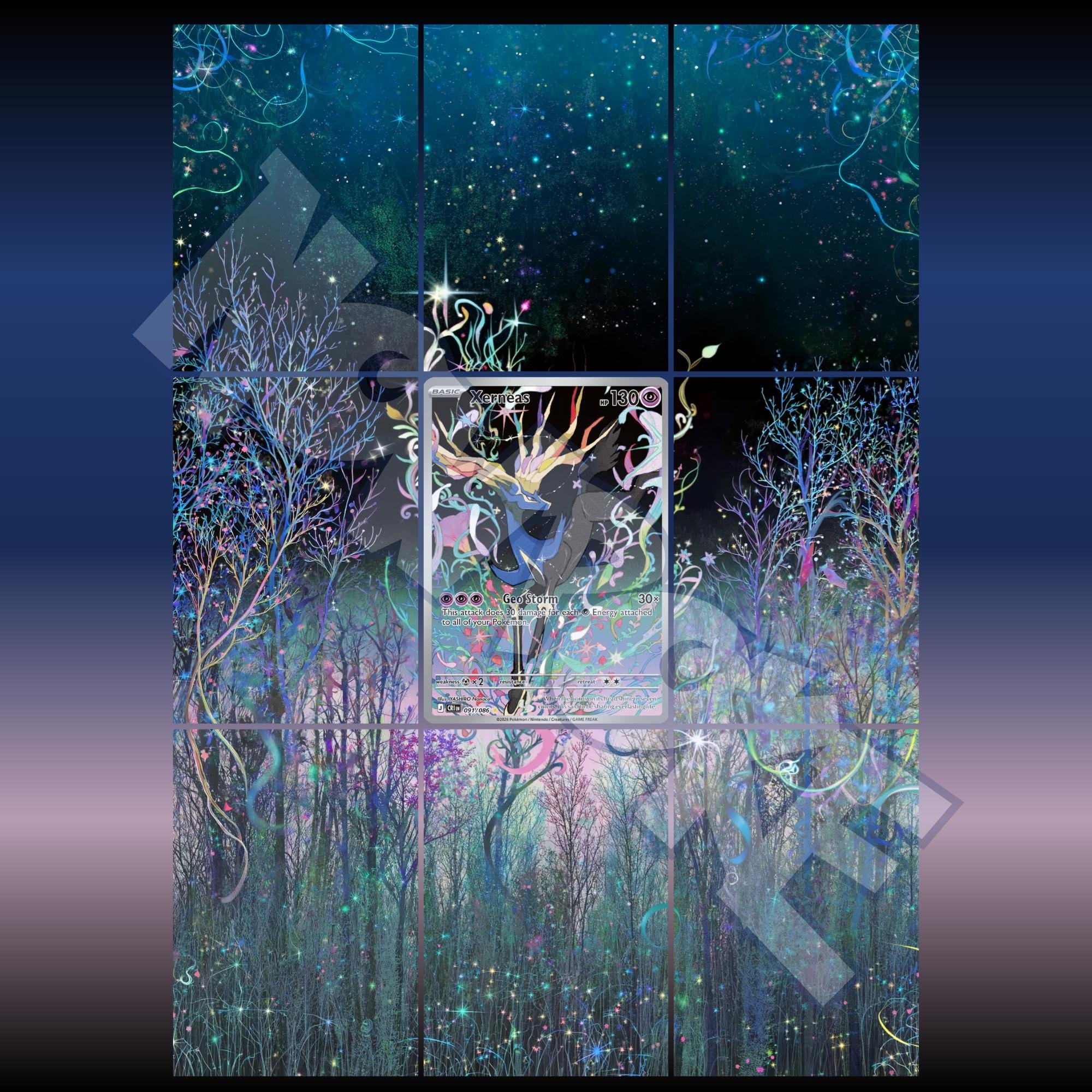 Xerneas card displayed in extended binder artwork, styled as premium extended binder art for Pokémon collectors. Shows what you will receive as a PDF to download and print.