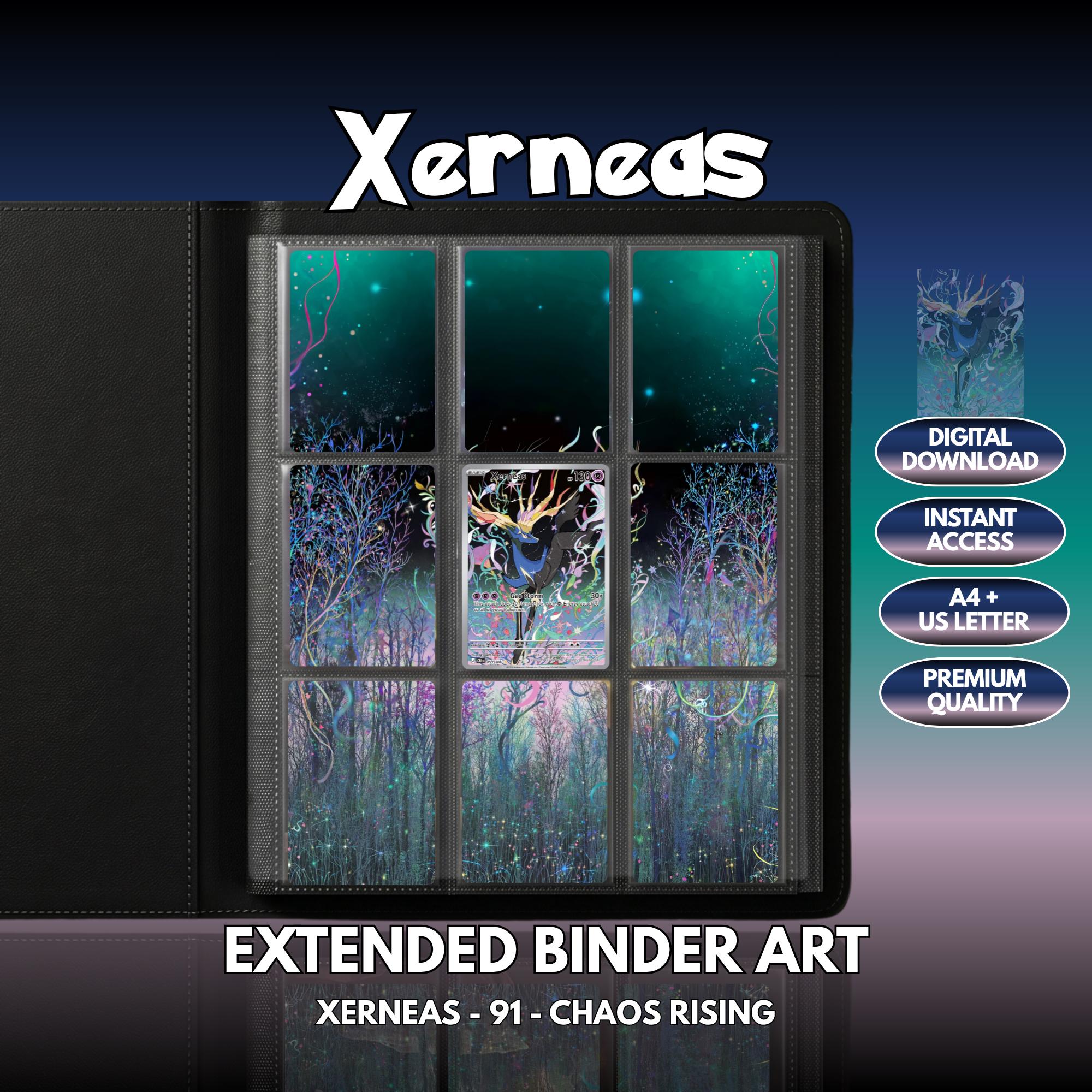 Extended binder art cover featuring Xerneas Card in a 3×3 binder layout, with framed artwork accents and digital download labels.