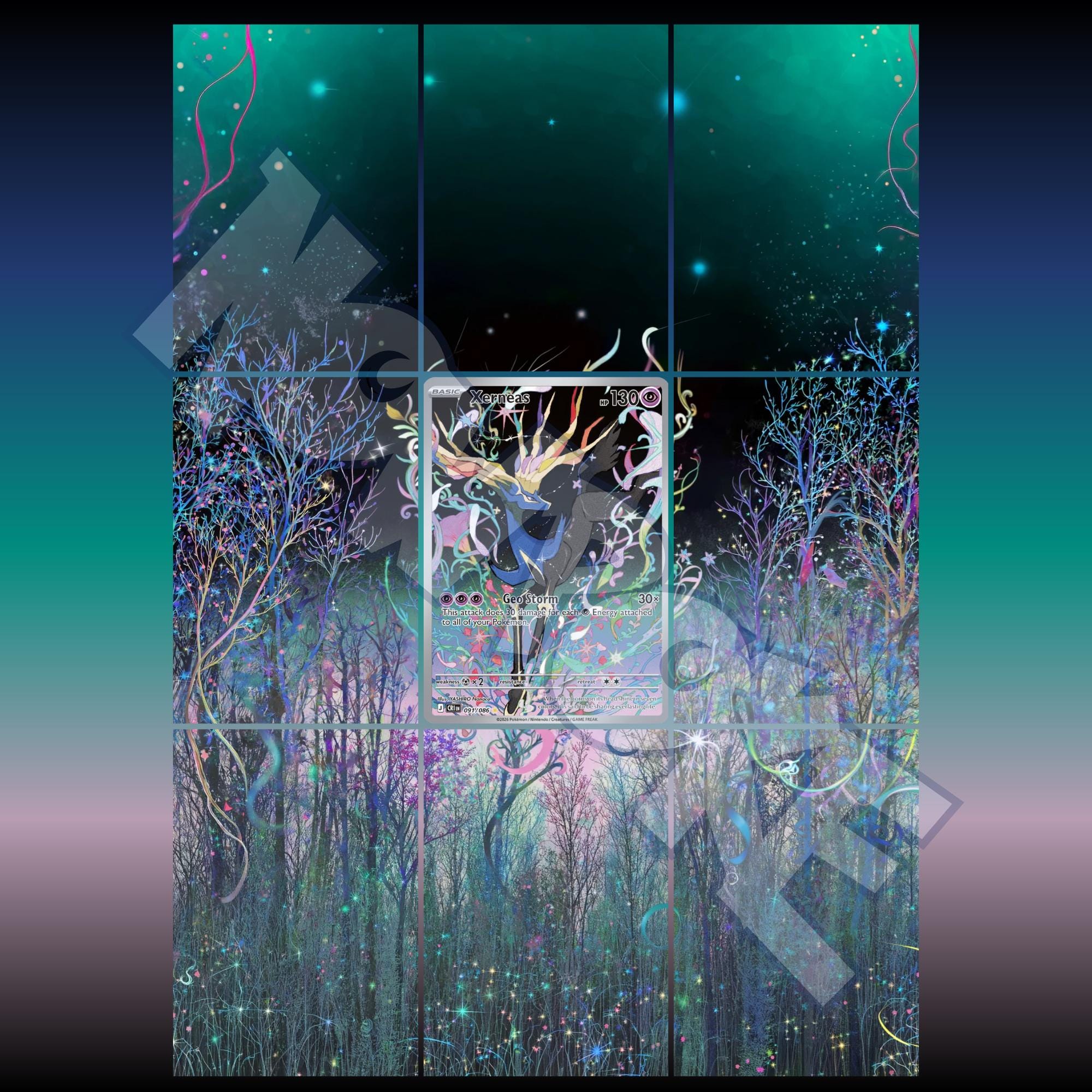 Xerneas card displayed in extended binder artwork, styled as premium extended binder art for Pokémon collectors. Shows what you will receive as a PDF to download and print.