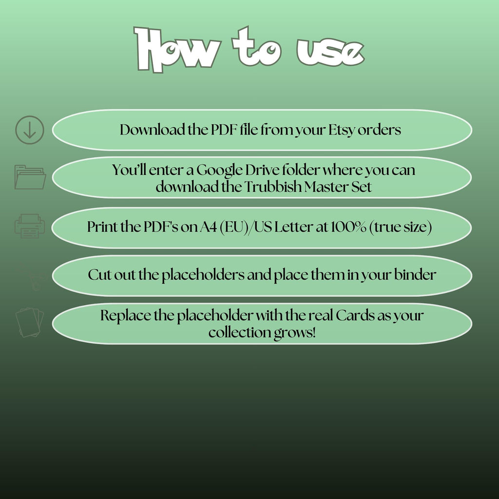 Trubbish cards digital download instructions explaining how to print, cut, and place placeholders in a Pokémon binder.