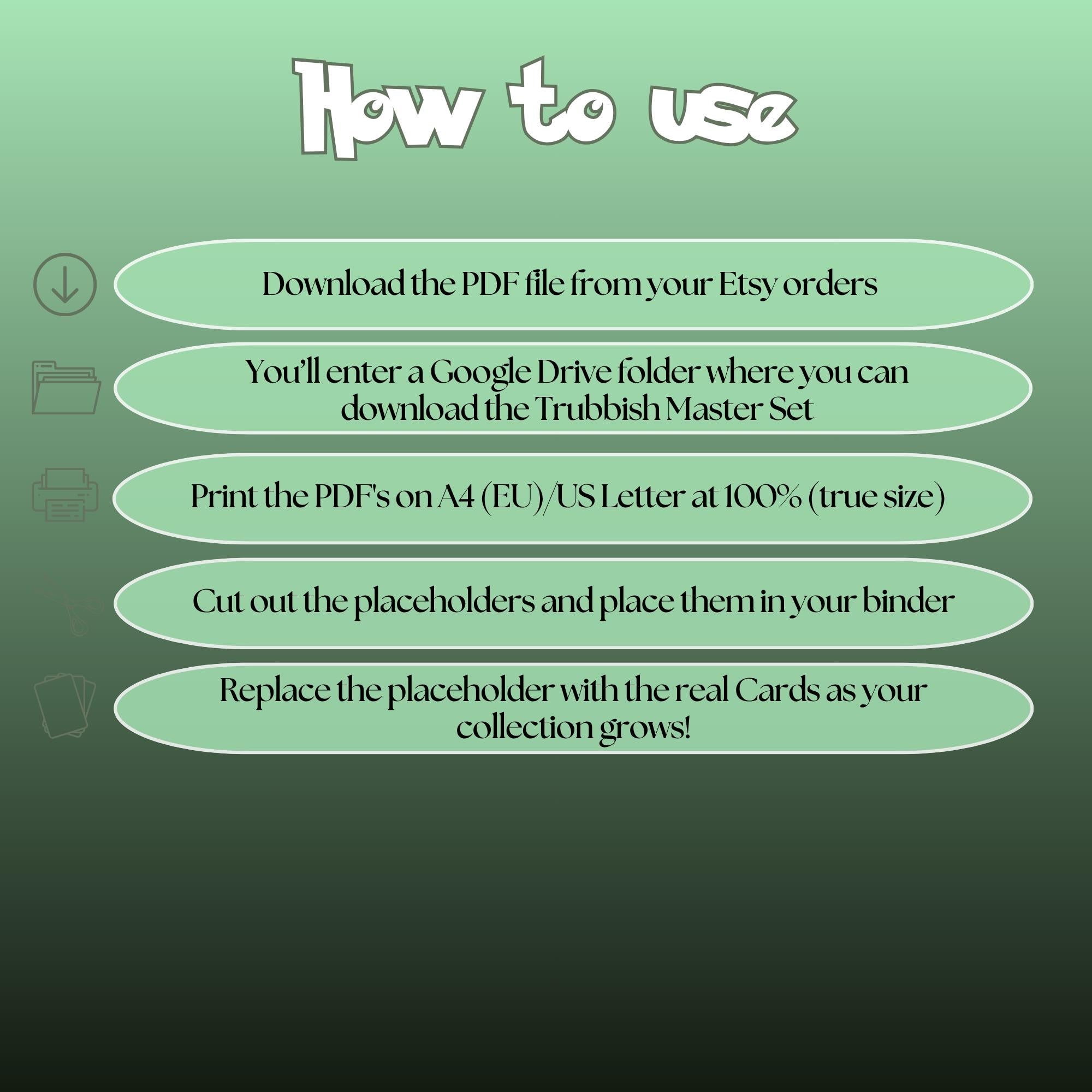 Trubbish cards digital download instructions explaining how to print, cut, and place placeholders in a Pokémon binder.