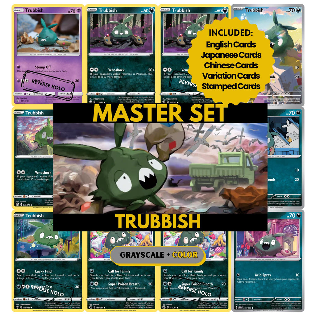 Trubbish binder pages set showing grayscale and color Pokémon cards, designed as a digital download to complete a collector’s binder.