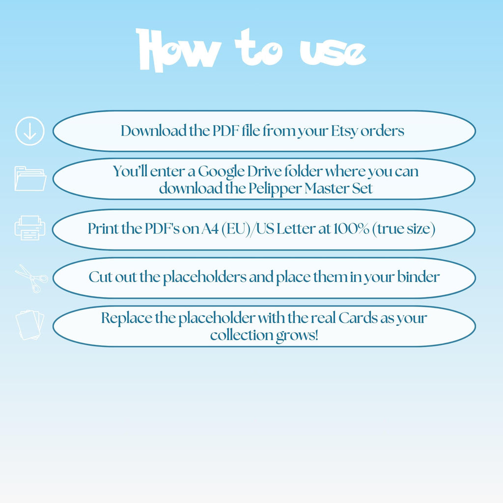 Pelipper cards digital download instructions explaining how to print, cut, and place placeholders in a Pokémon binder.