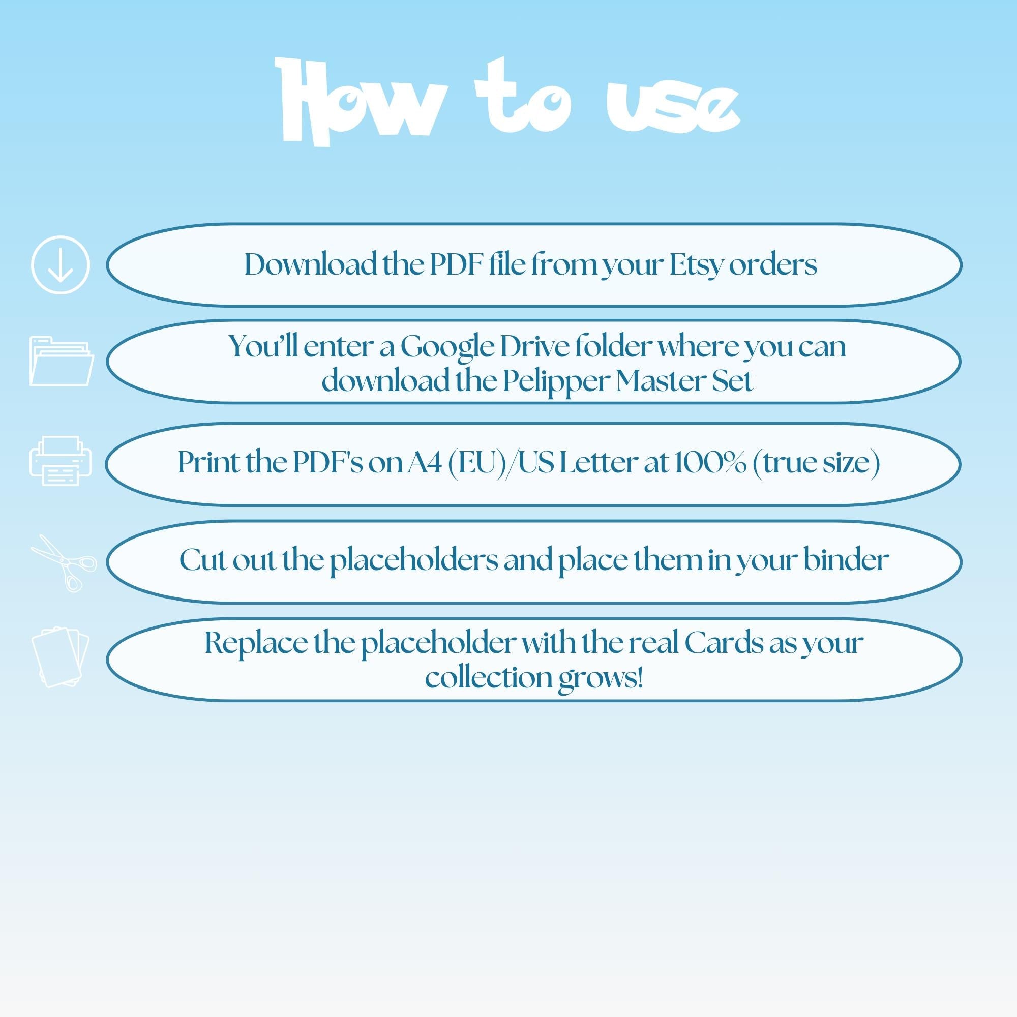Pelipper cards digital download instructions explaining how to print, cut, and place placeholders in a Pokémon binder.