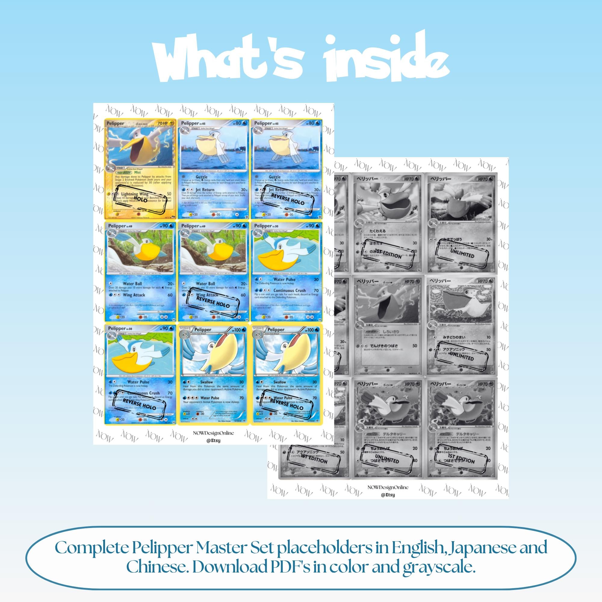 Pelipper binder pages set overview showing the included Pokémon cards to print and cut for your binder sleeves.