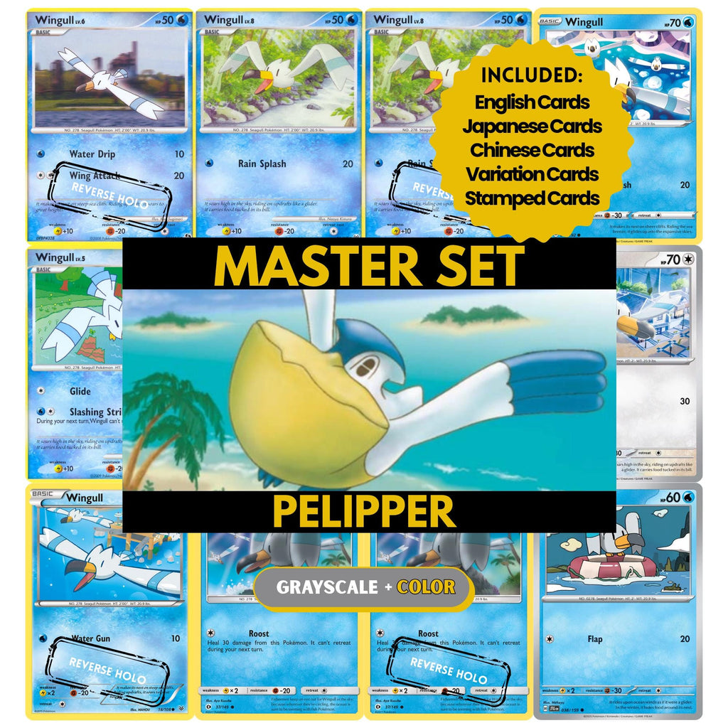 Pelipper binder pages set showing grayscale and color Pokémon cards, designed as a digital download to complete a collector’s binder.