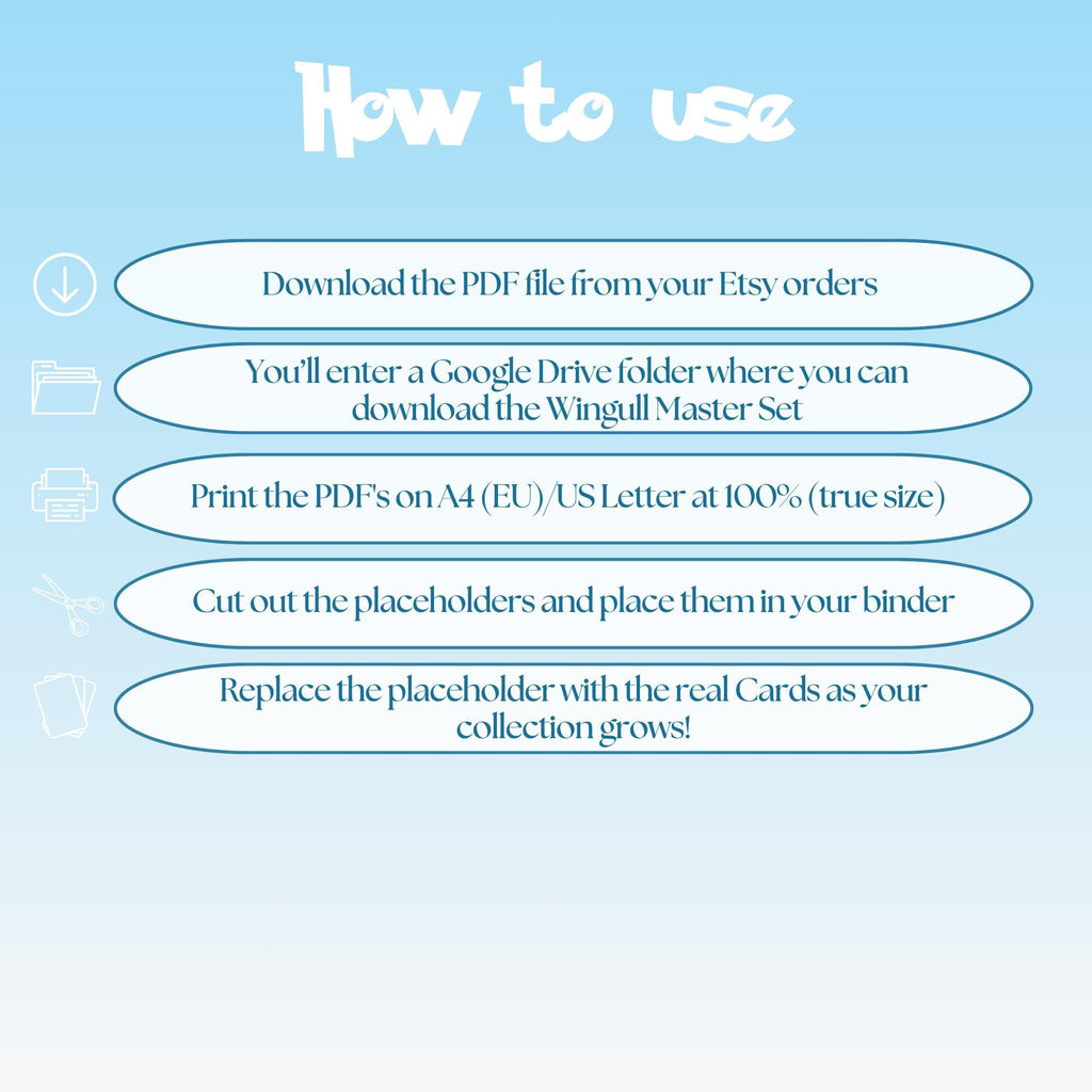 Wingull cards digital download instructions explaining how to print, cut, and place placeholders in a Pokémon binder.