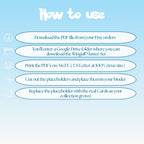 Wingull cards digital download instructions explaining how to print, cut, and place placeholders in a Pokémon binder.