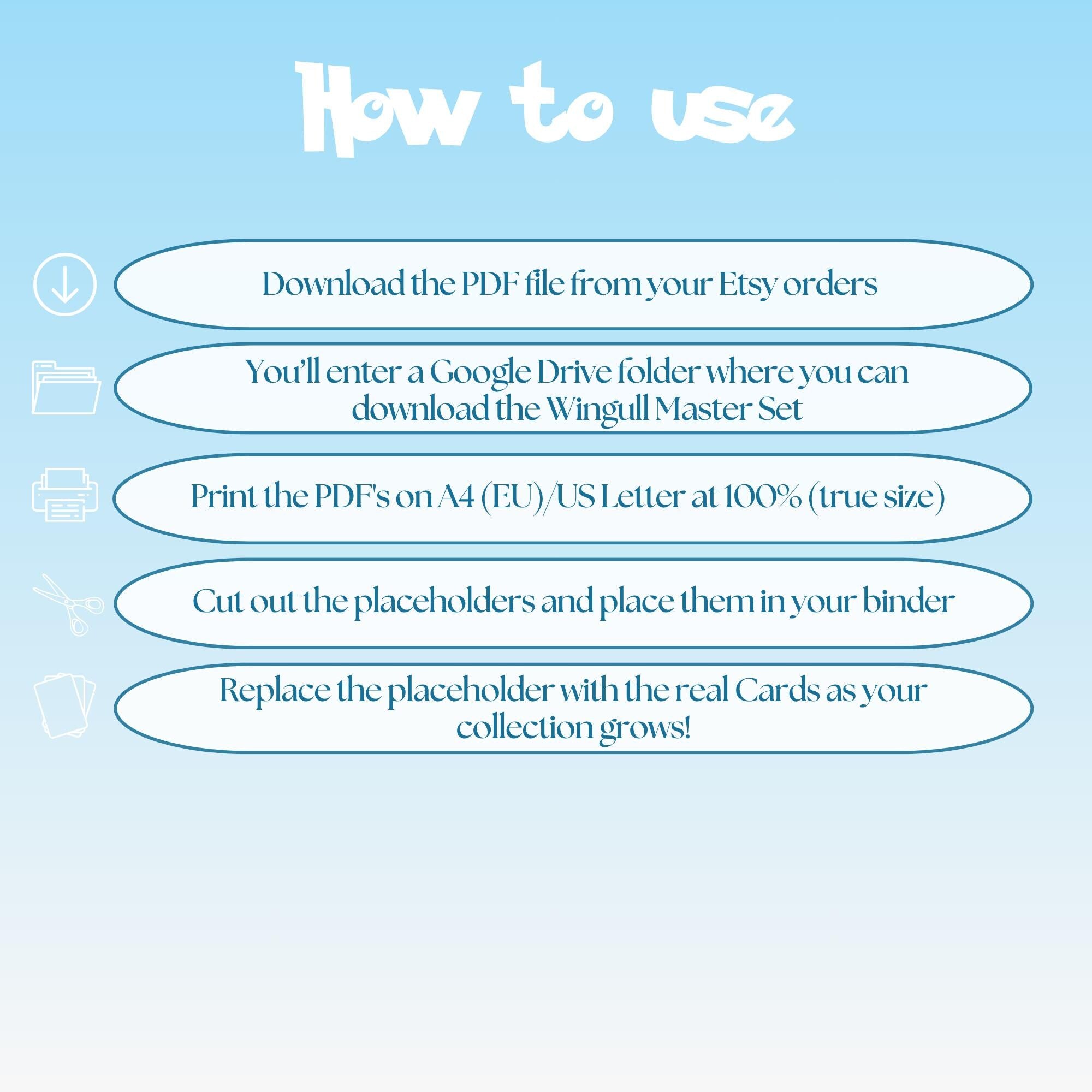 Wingull cards digital download instructions explaining how to print, cut, and place placeholders in a Pokémon binder.