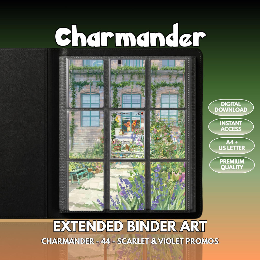 Extended binder art cover featuring Charmander Card in a 3×3 binder layout, with framed artwork accents and digital download labels.