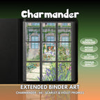 Extended binder art cover featuring Charmander Card in a 3×3 binder layout, with framed artwork accents and digital download labels.