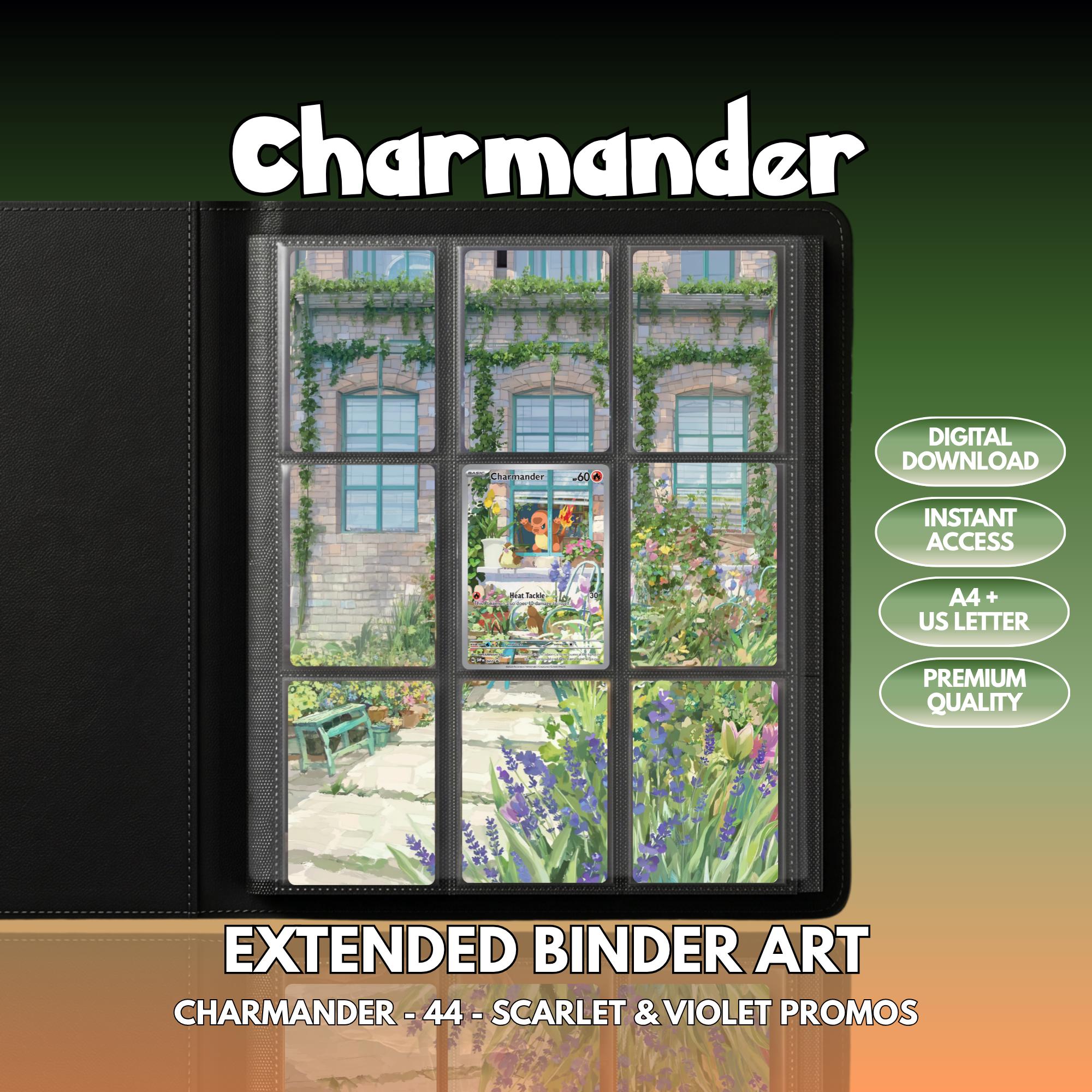 Extended binder art cover featuring Charmander Card in a 3×3 binder layout, with framed artwork accents and digital download labels.