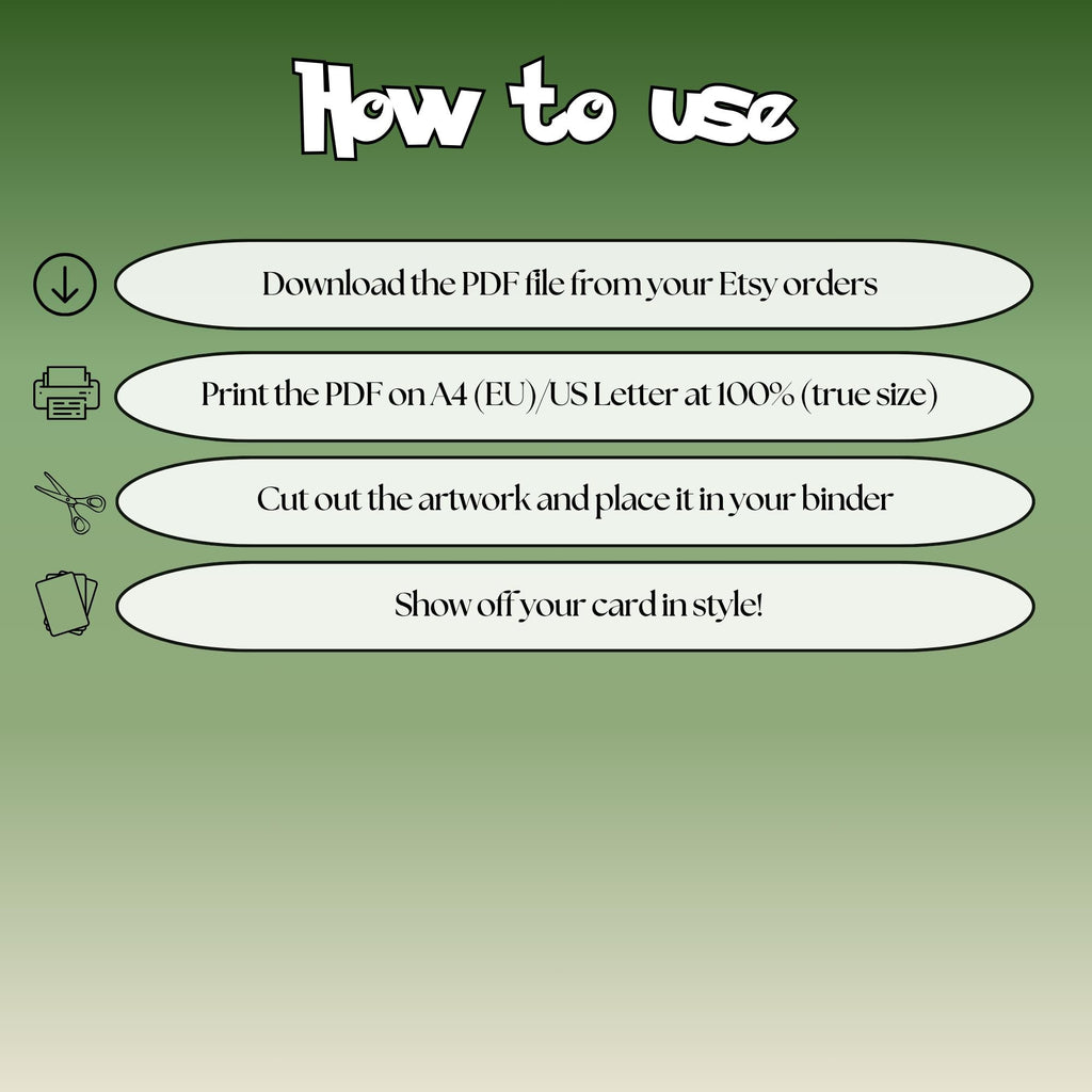 How to use instructions for printable Charmander extended binder art, showing steps for downloading, printing, cutting and inserting the artwork to your binder.