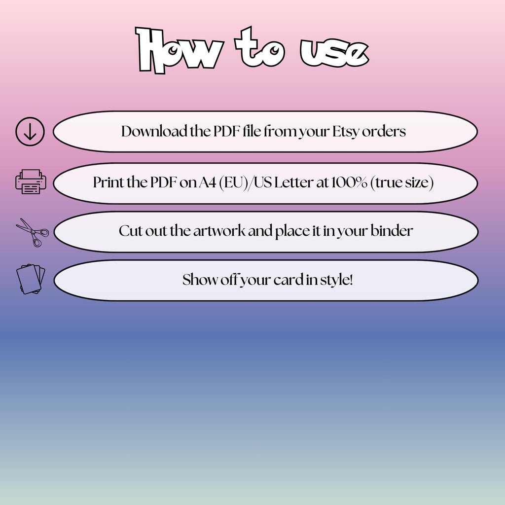 How to use instructions for printable Mega Clefable extended binder art, showing steps for downloading, printing, cutting and inserting the artwork to your binder.