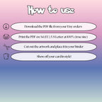 How to use instructions for printable Mega Clefable extended binder art, showing steps for downloading, printing, cutting and inserting the artwork to your binder.