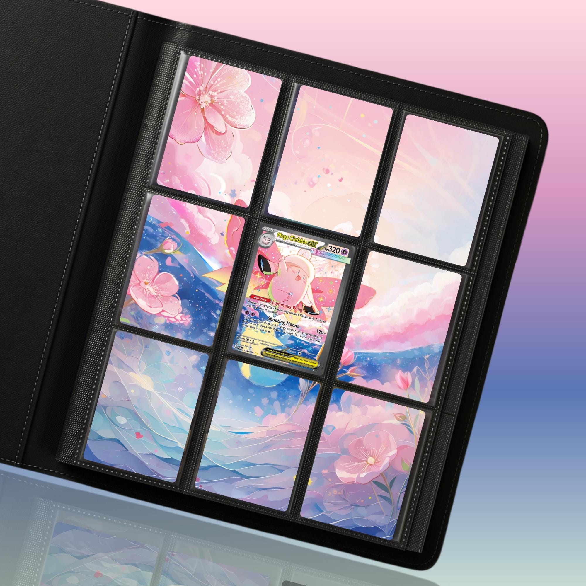 Mega Clefable extended binder artwork displayed in a 9 pocket Pokémon binder.