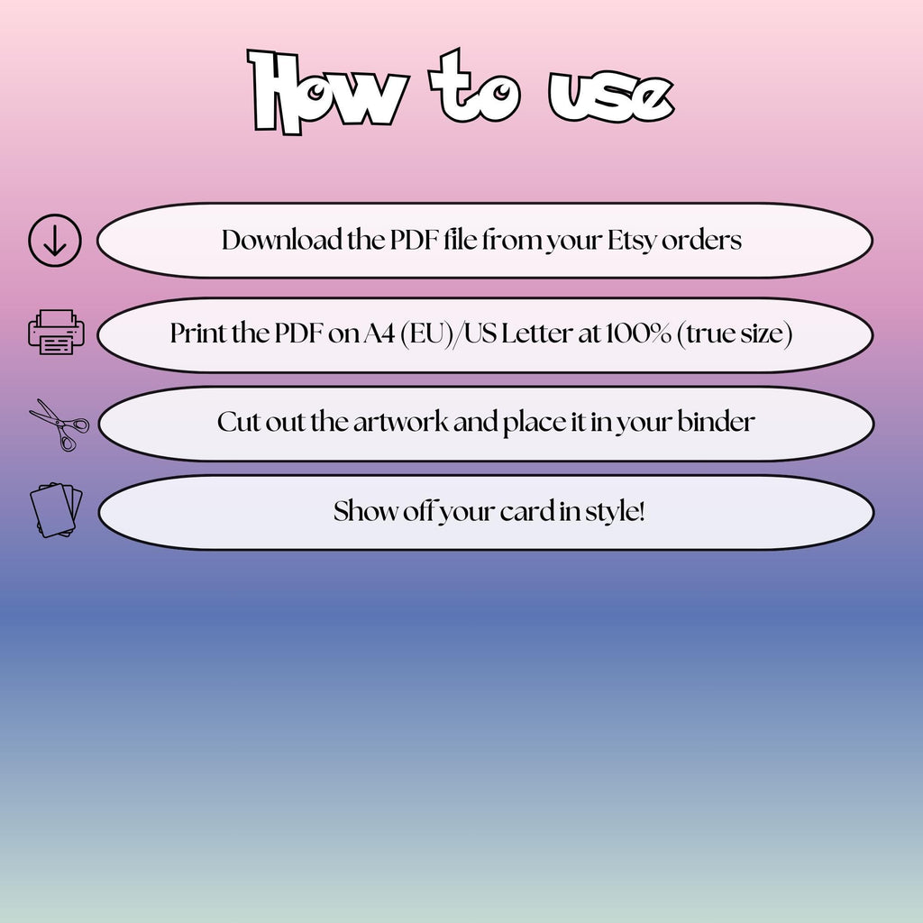 How to use instructions for printable Mega Clefable extended binder art, showing steps for downloading, printing, cutting and inserting the artwork to your binder.