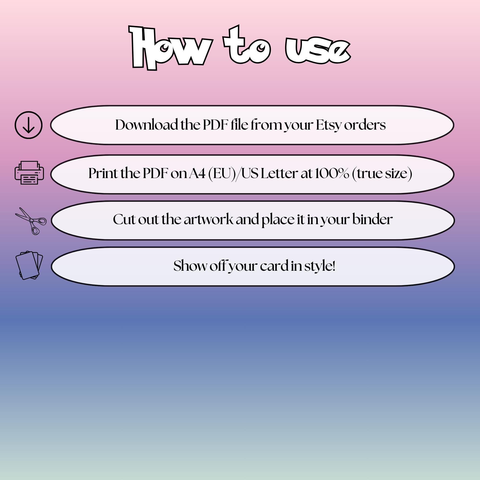 How to use instructions for printable Mega Clefable extended binder art, showing steps for downloading, printing, cutting and inserting the artwork to your binder.