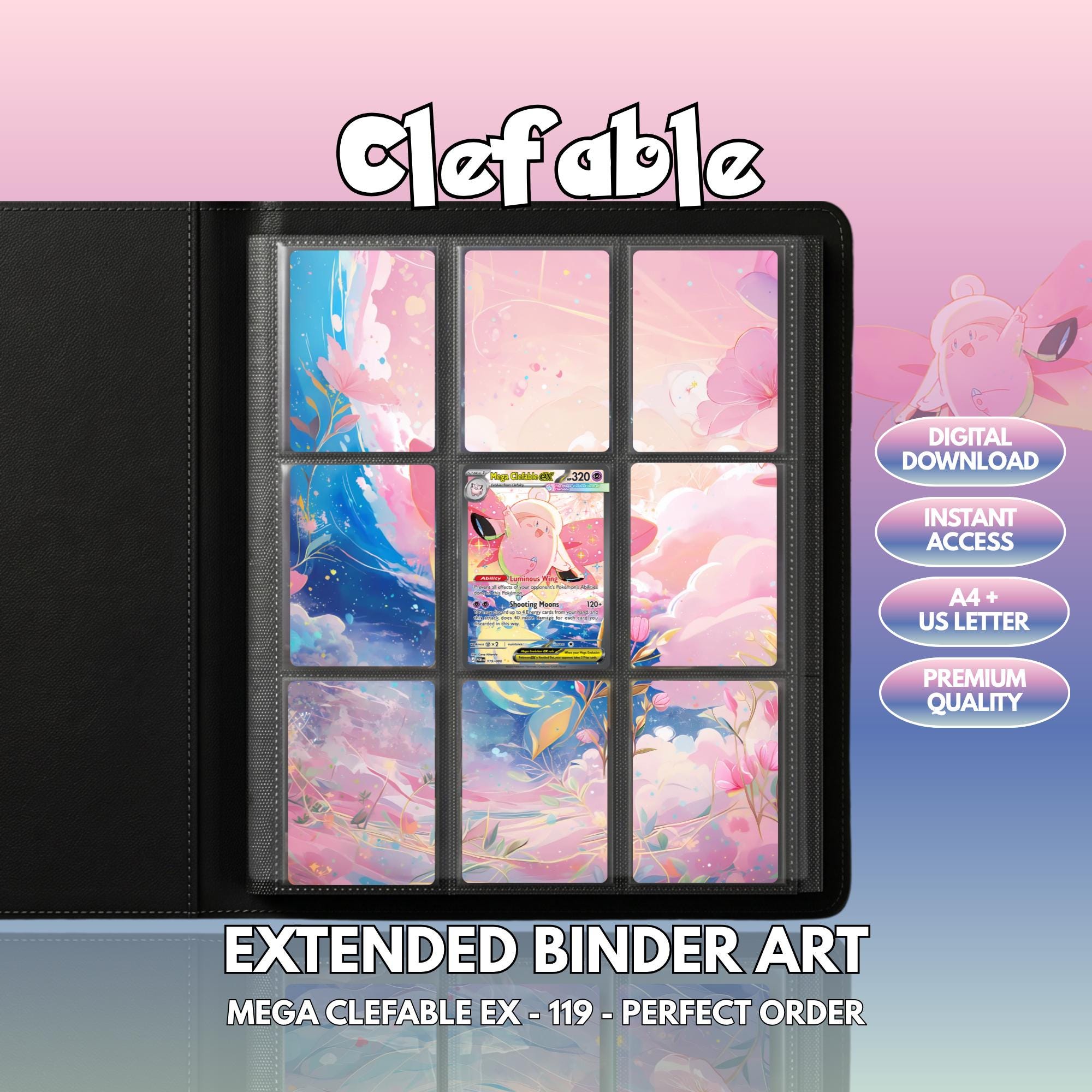 Extended binder art cover featuring Mega Clefable Card in a 3×3 binder layout, with framed artwork accents and digital download labels.
