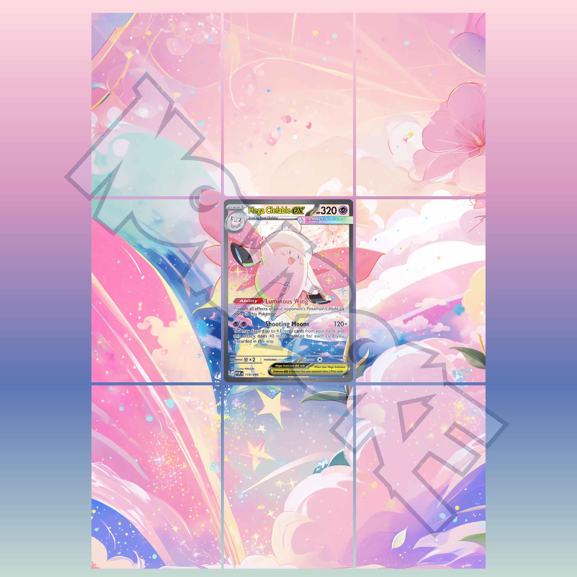 Mega Clefable card displayed in extended binder artwork, styled as premium extended binder art for Pokémon collectors. Shows what you will receive as a PDF to download and print.