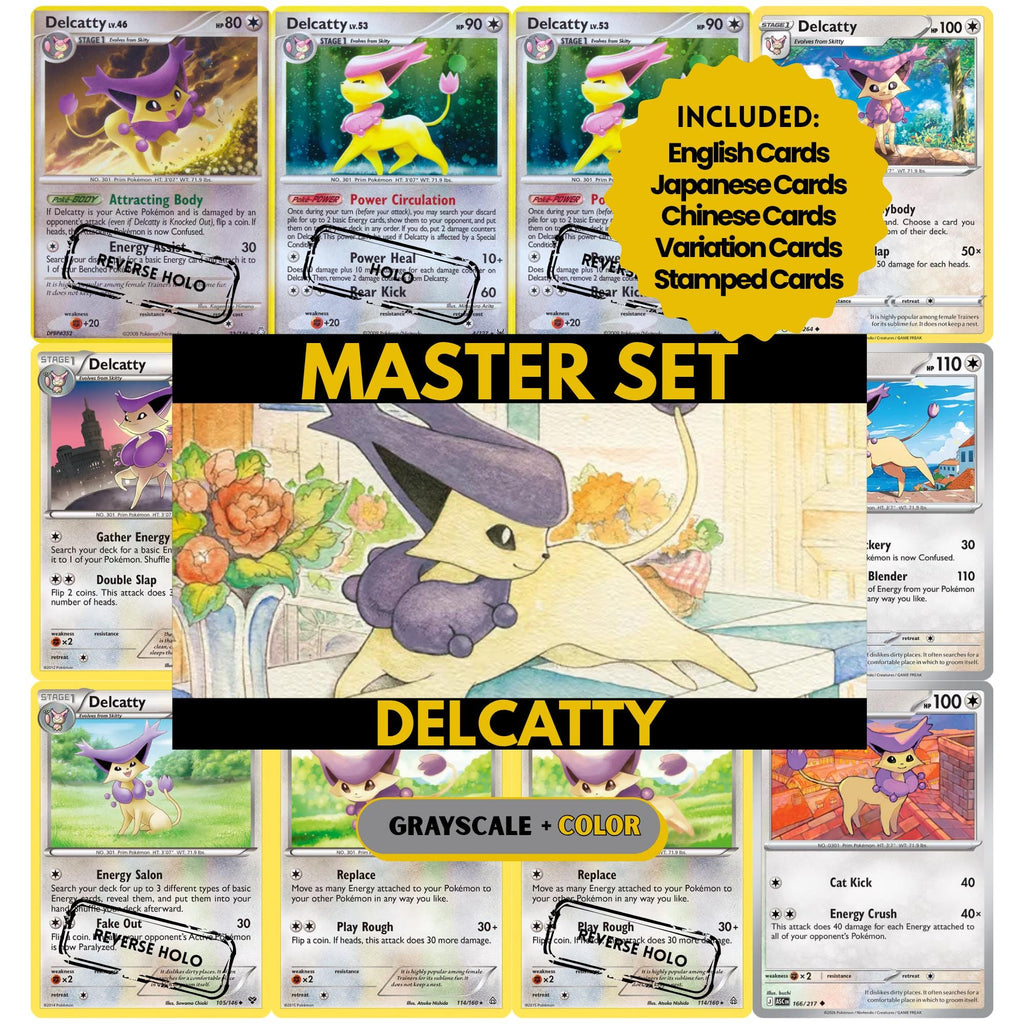 Delcatty binder pages set showing grayscale and color Pokémon cards, designed as a digital download to complete a collector’s binder.