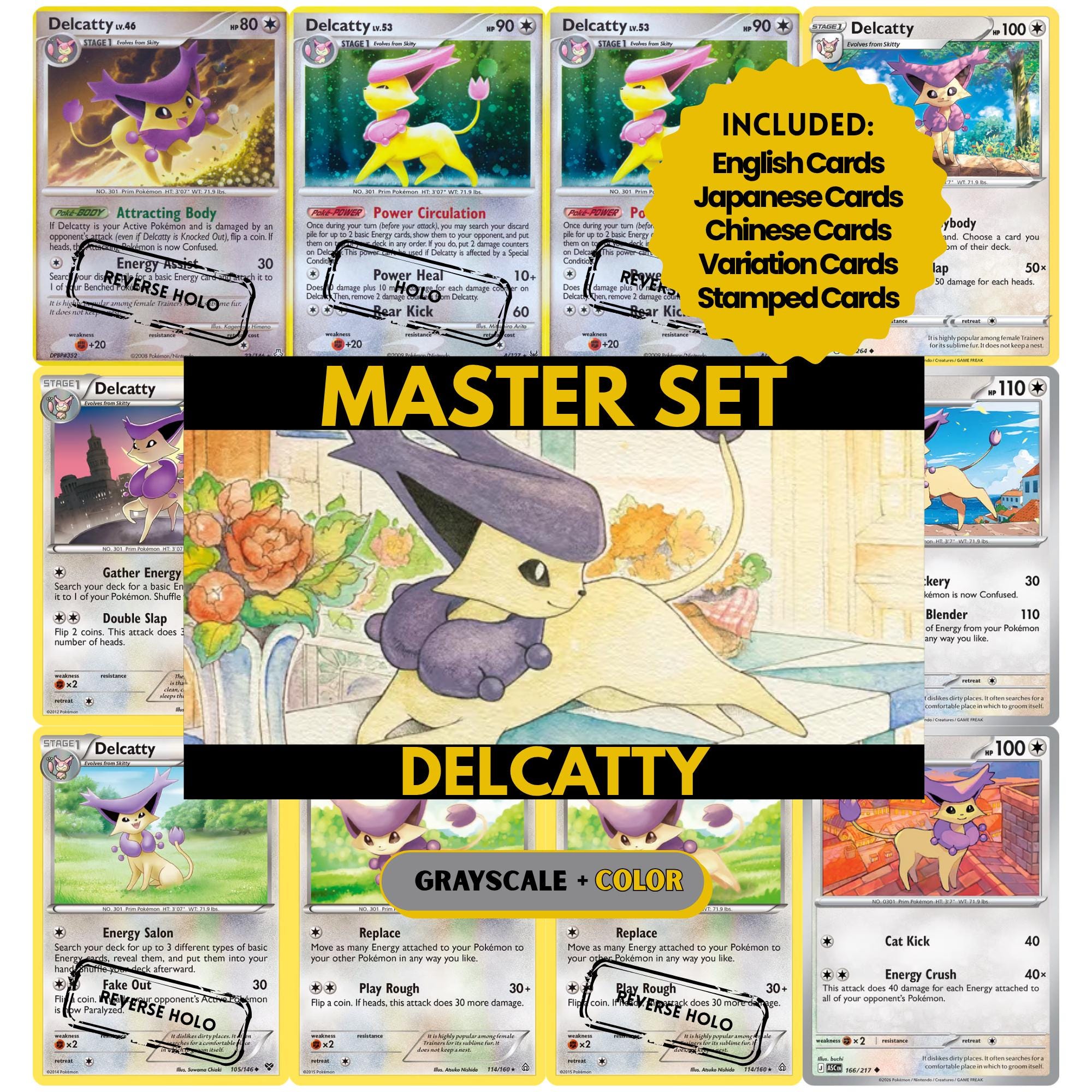 Delcatty binder pages set showing grayscale and color Pokémon cards, designed as a digital download to complete a collector’s binder.