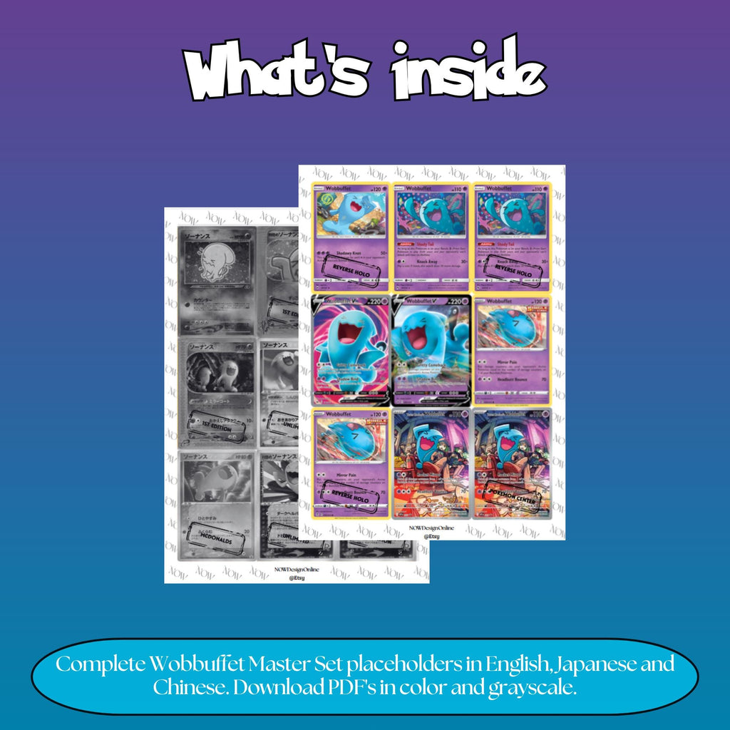 Wobbuffet binder pages set overview showing the included Pokémon cards to print and cut for your binder sleeves.