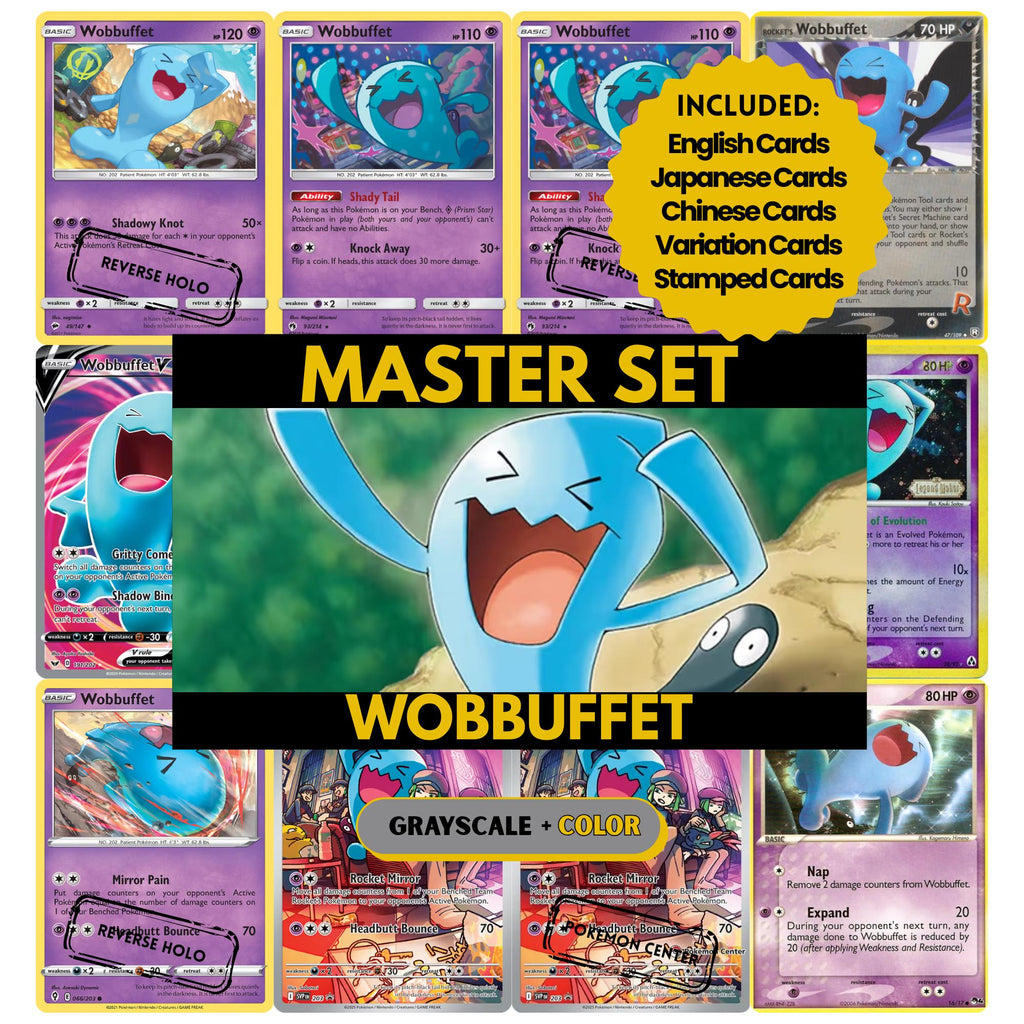 Wobbuffet binder pages set showing grayscale and color Pokémon cards, designed as a digital download to complete a collector’s binder.
