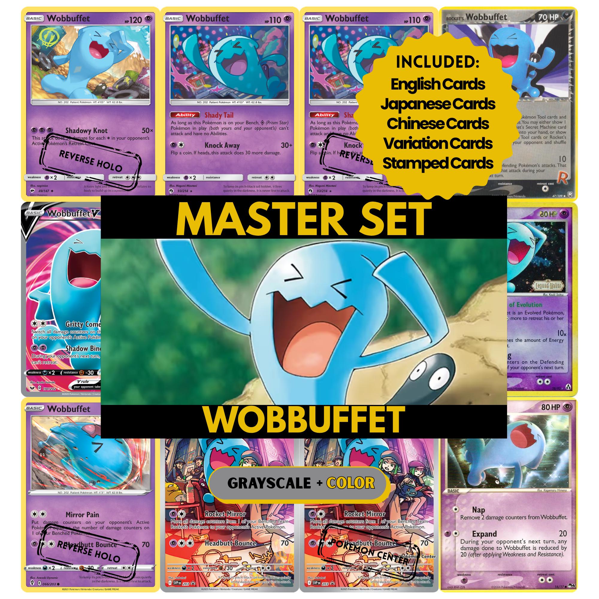 Wobbuffet binder pages set showing grayscale and color Pokémon cards, designed as a digital download to complete a collector’s binder.