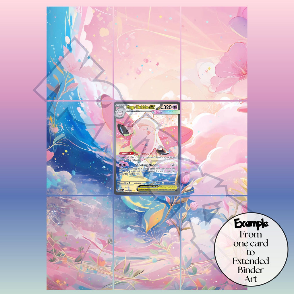 Soft pastel Clefairy dreamy extended binder art around a Pokémon full art card