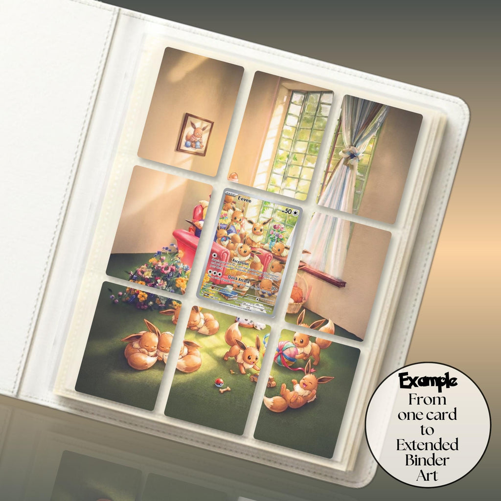 Pokémon full art card with sunlit window scenery extended across a 9-slot binder page