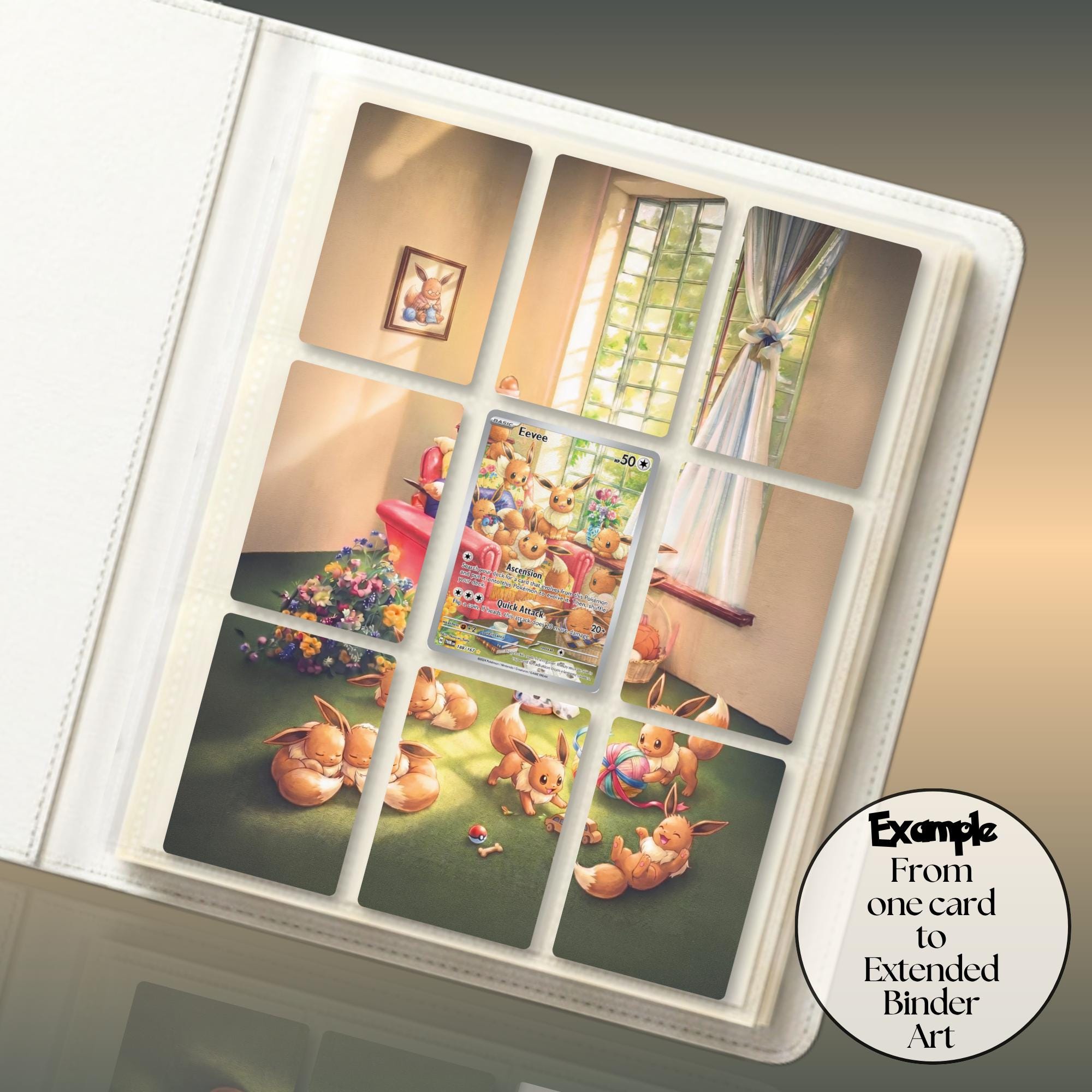 Pokémon full art card with sunlit window scenery extended across a 9-slot binder page