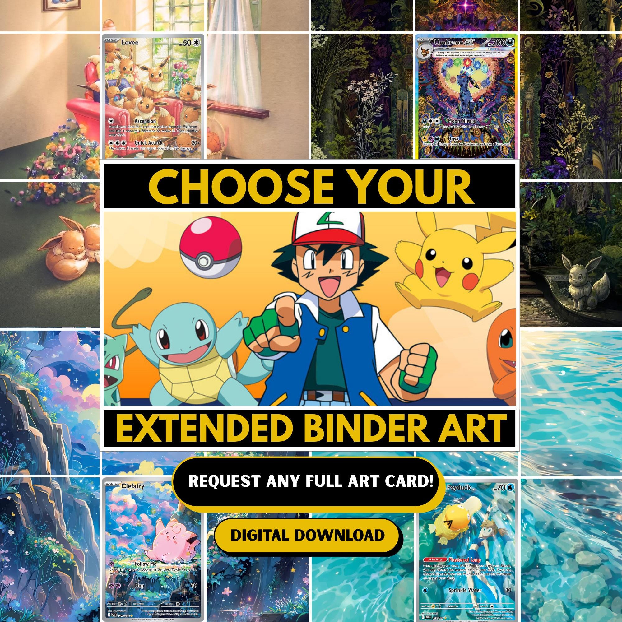 Custom Pokémon extended binder art request listing cover with colorful title design