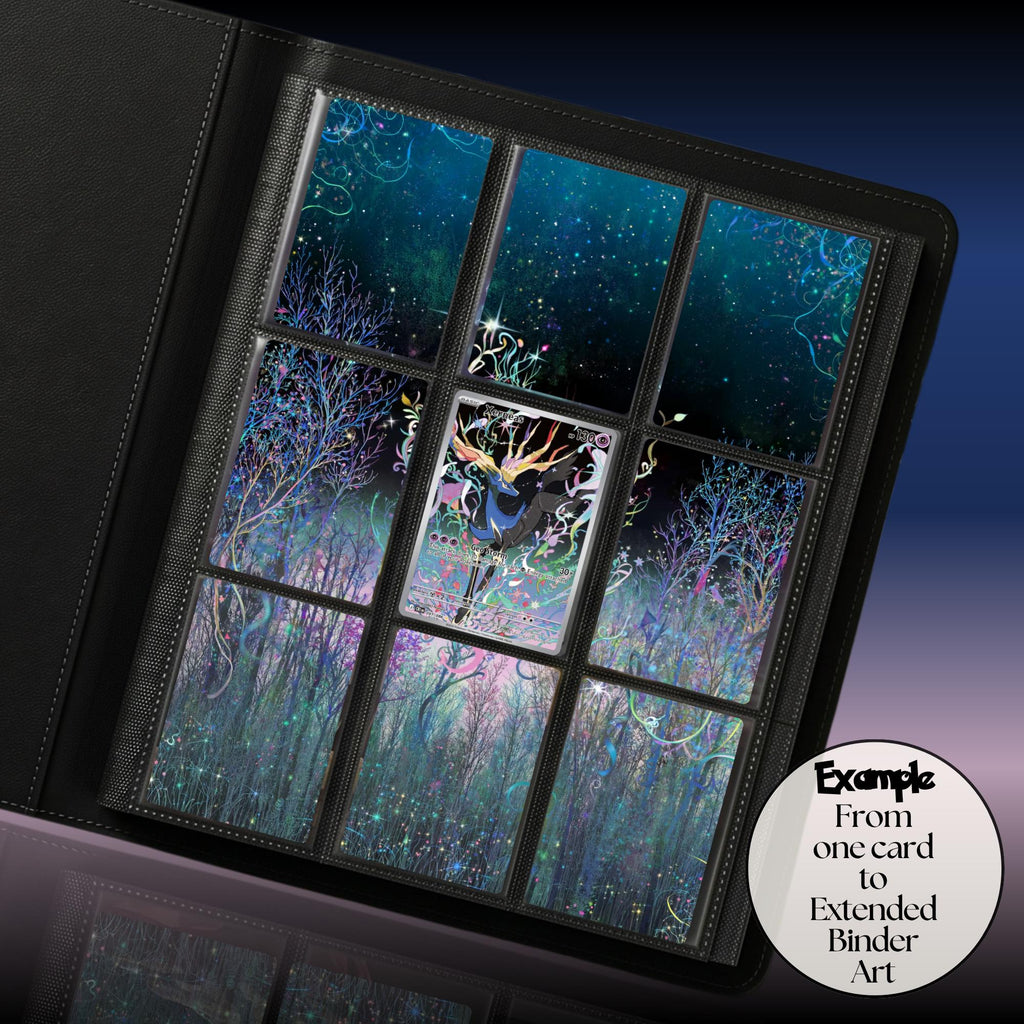 Dark enchanted forest extended binder art surrounding a Xerneas Pokémon full art card