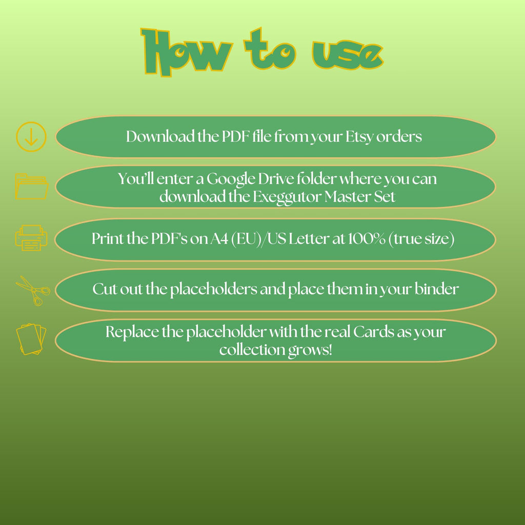 Exeggutor cards digital download instructions explaining how to print, cut, and place placeholders in a Pokémon binder.