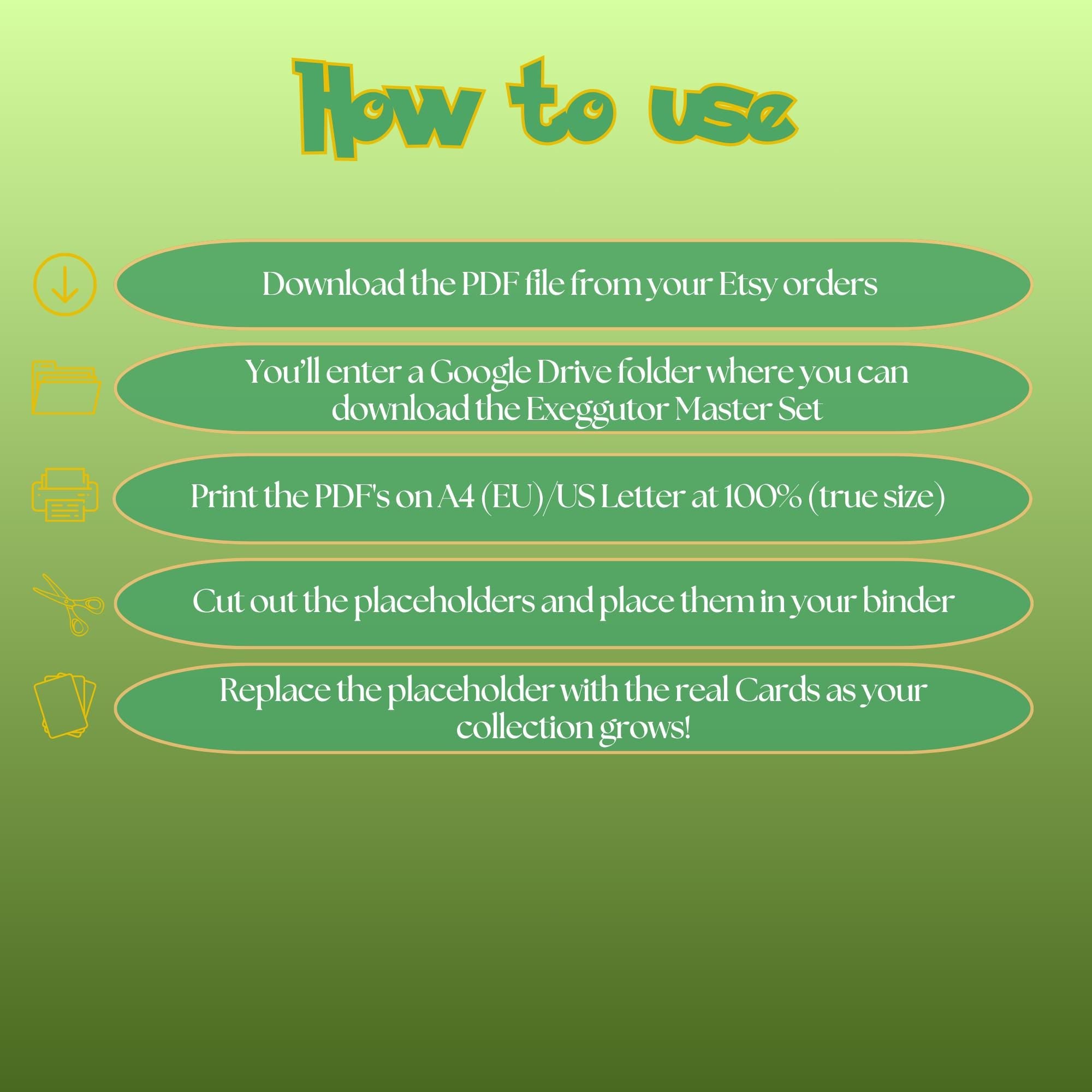 Exeggutor cards digital download instructions explaining how to print, cut, and place placeholders in a Pokémon binder.