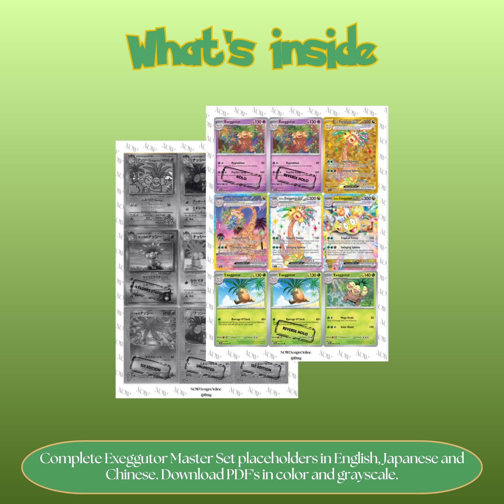 Exeggutor binder pages set overview showing the included Pokémon cards to print and cut for your binder sleeves.