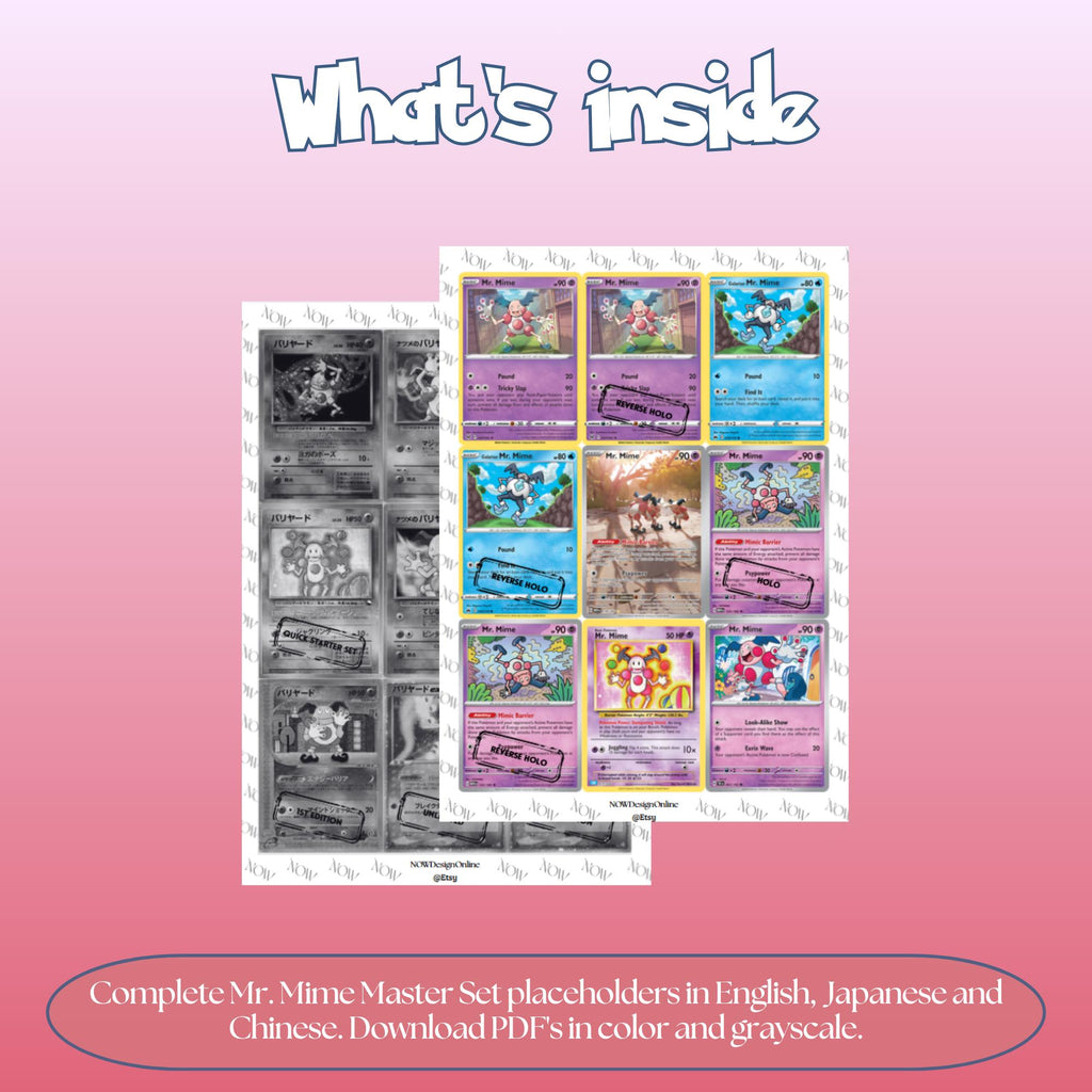 Mr Mime binder pages set overview showing the included Pokémon cards to print and cut for your binder sleeves.