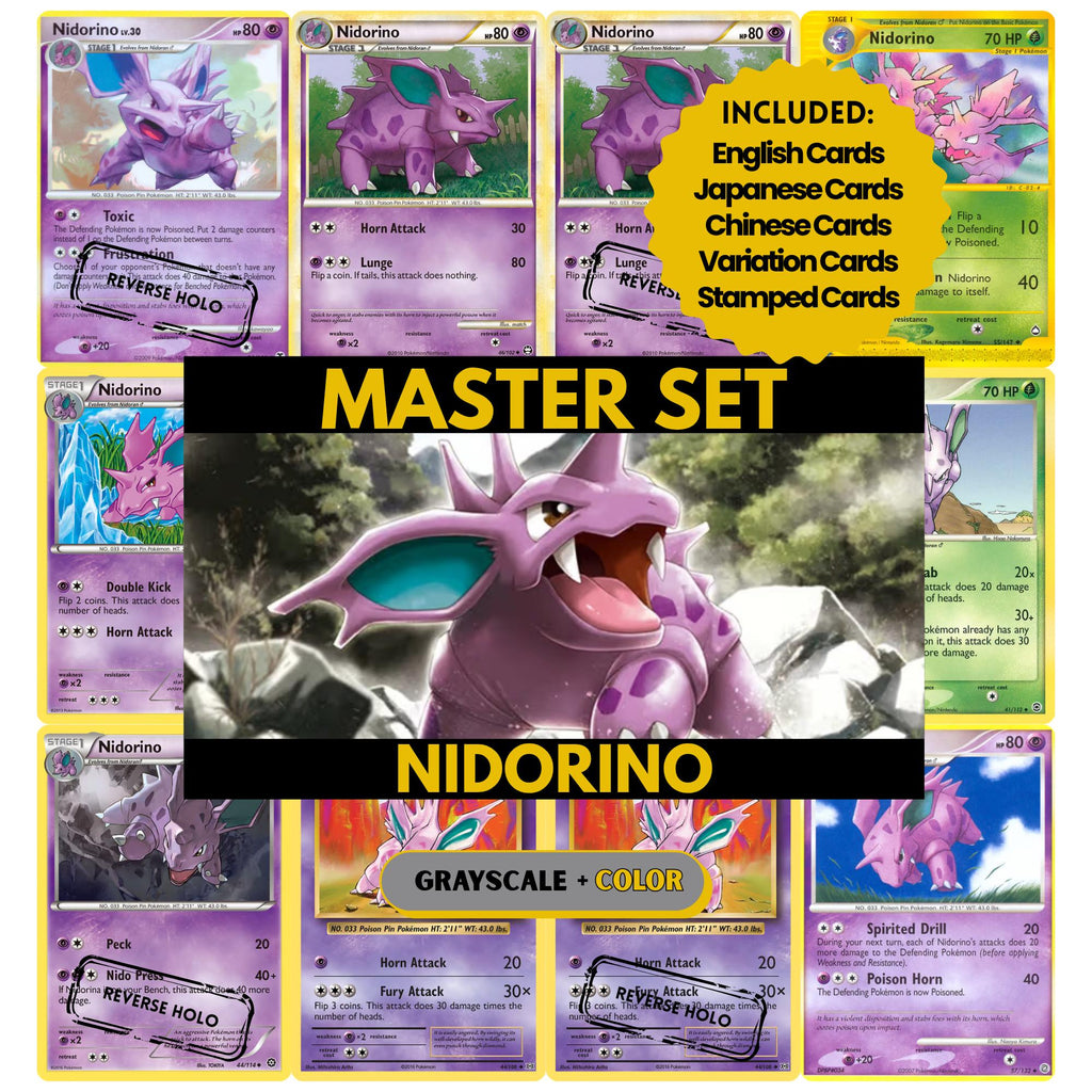 Nidorino binder pages set showing grayscale and color Pokémon cards, designed as a digital download to complete a collector’s binder.