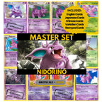 Nidorino binder pages set showing grayscale and color Pokémon cards, designed as a digital download to complete a collector’s binder.
