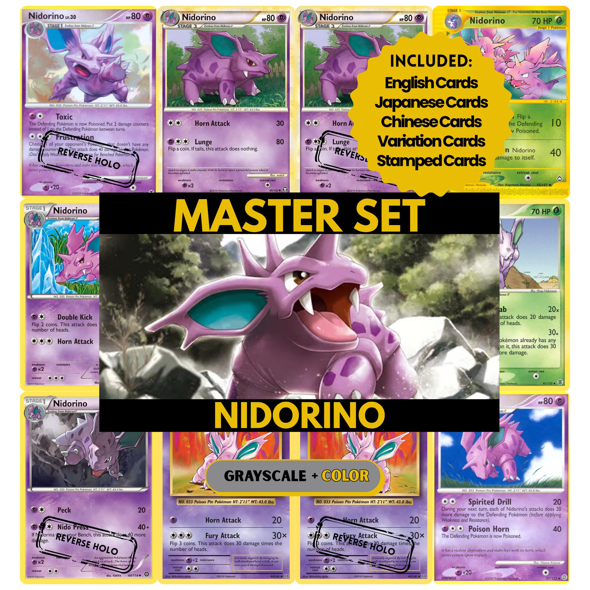 Nidorino binder pages set showing grayscale and color Pokémon cards, designed as a digital download to complete a collector’s binder.